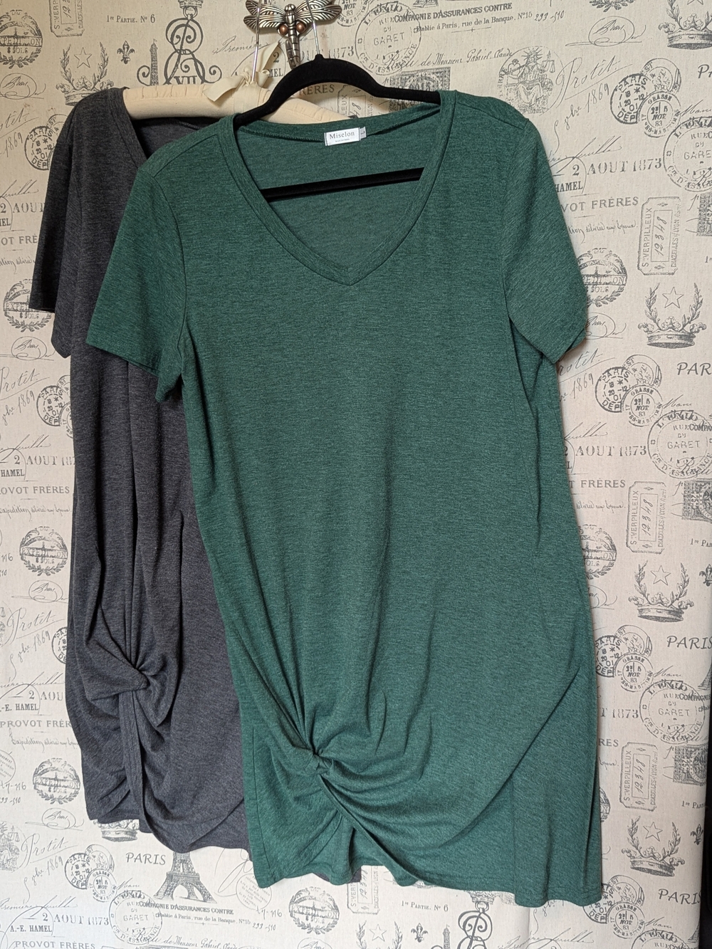 2 Pack! V-Neck Twist-Hem Mini Dresses in Heather Gray & Forest Green Size L